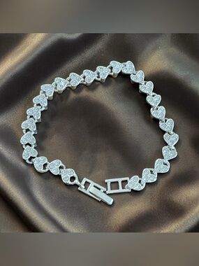 Silver Heart Link Bracelet with Clear Stone Accents